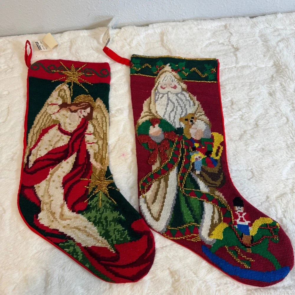 Vintage Needlepoint Christmas Stockings Set of 2 Angel Santa Beaded Red Green